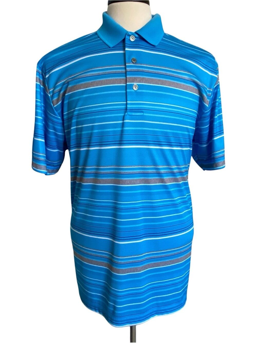 Ben Hogan Polo Mens Large L Bright Blue White Gray Stripe Golf Moisture Wicking
